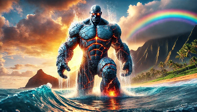 DALL·E 2024-11-04 19.01.55 - A massive, powerful Colossus with a muscular, armored body and a fierce expression, emerging from the ocean with mountains in the background in Hawaii