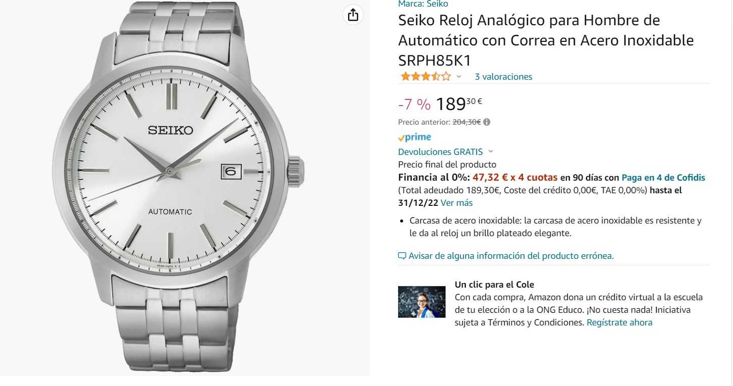 Reloj Seiko automático SRPH85K1 para hombre en acero , pulsera y caja de  acero, con esfera blanca, bisel en azul, calibre 4r36